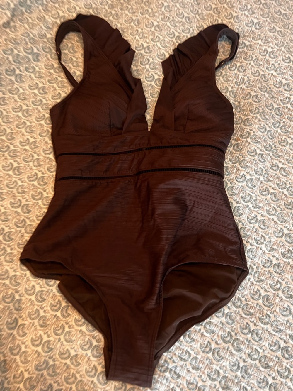 Ruffled V-Neck One-Piece Swimsuit in Deep Brown
